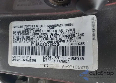 2003 Toyota Corolla S from USA, damaged, VIN 2T1BR32E03C102059